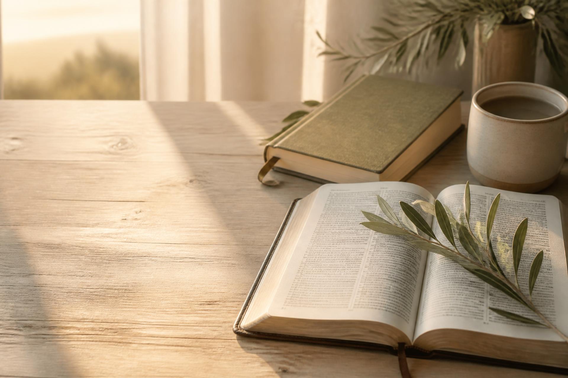 Open Bible and journal in warm sunrise light